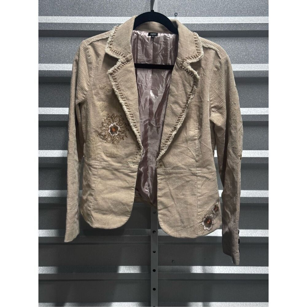 Y2K AZIZ Brown Tan Embroidered Corduroy Crop Jacket Coat women's size Medium